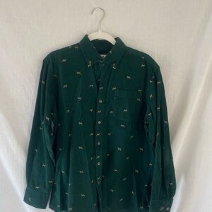 Men's Dark Green Button-Down Shirt with Dog Motif